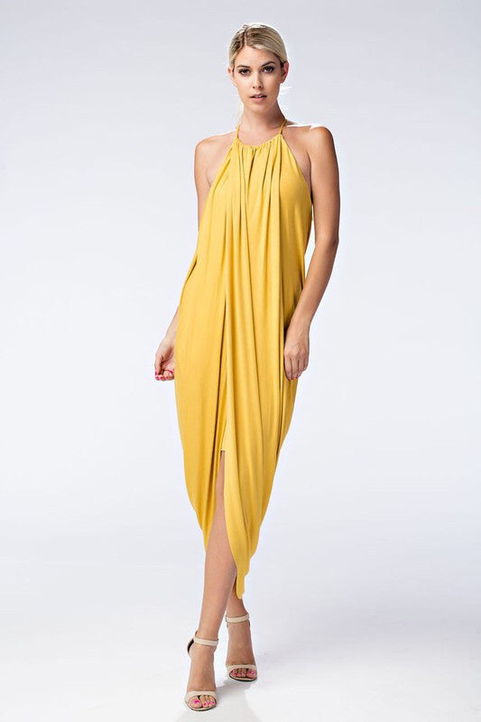 Spaghetti String Drape High Low Maxi Dress