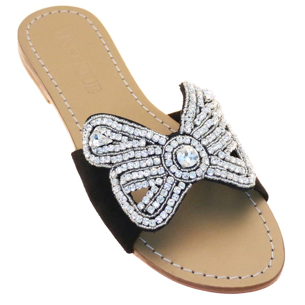 black jeweled flat sandals