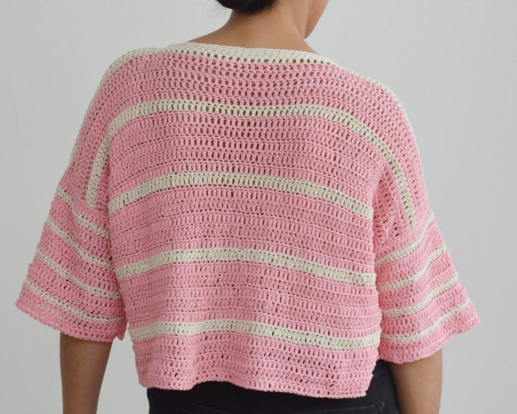 Back of crochet eezy-breezy striped tee in pink and cream