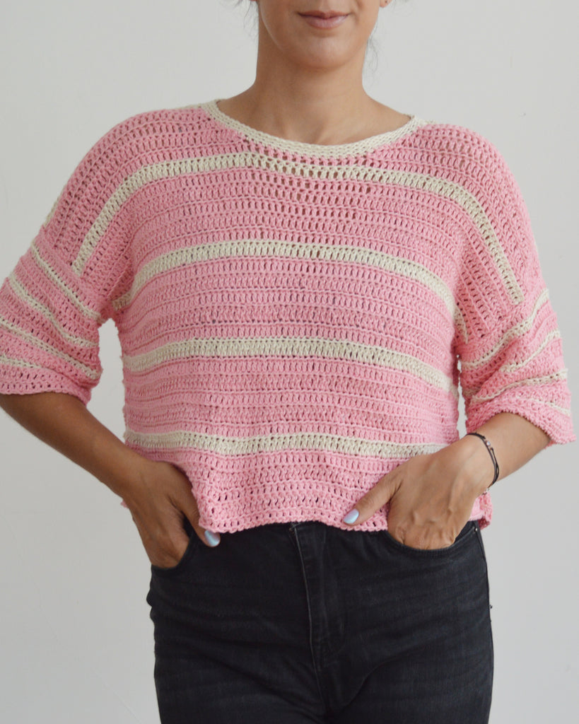Front of crochet eezy-breezy striped tee in pink and cream