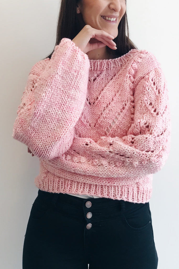 Bobble Tea Sweater chunky knit in pale pink, front on