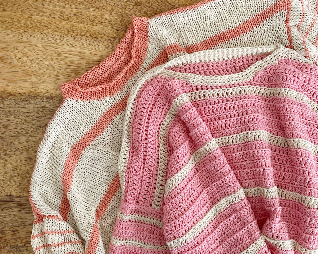 Eezy-Breezy Striped Tee - pink and cream crochet version on top of peach and cream knit version