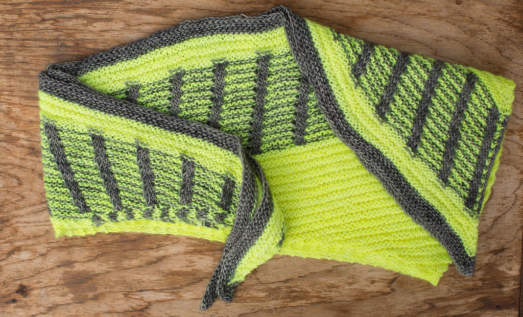 Wasabi green and grey shawl. Handmade by the TOM BIHN Ravelry group for the TOM BIHN crew.