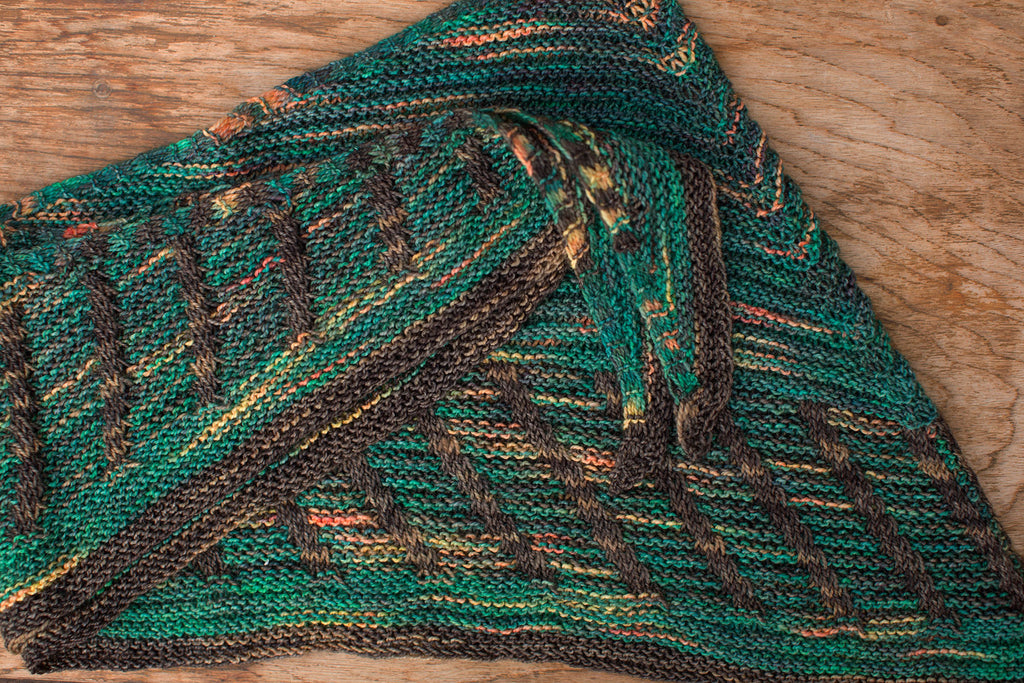 Multi-color green, yellow, brown shawl. Handmade by the TOM BIHN Ravelry group for the TOM BIHN crew.
