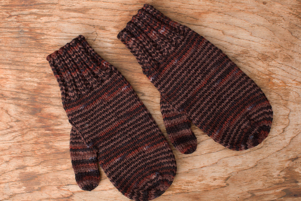 Multicolor brown and red knit mittens. Handmade by the TOM BIHN Ravelry group for the TOM BIHN crew.