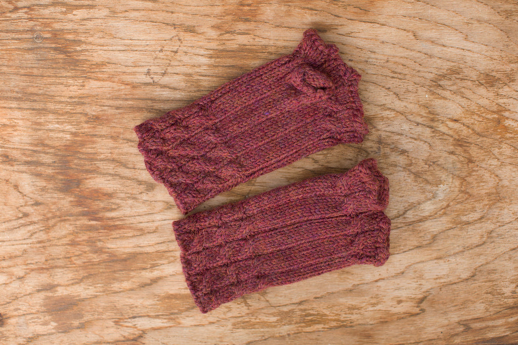 Neutral red fingerless gloves. Handmade by the TOM BIHN Ravelry group for the TOM BIHN crew.