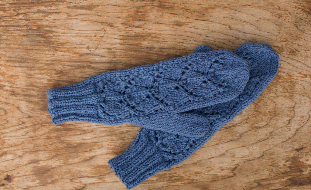 Blue knit mittens. Handmade by the TOM BIHN Ravelry group for the TOM BIHN crew.