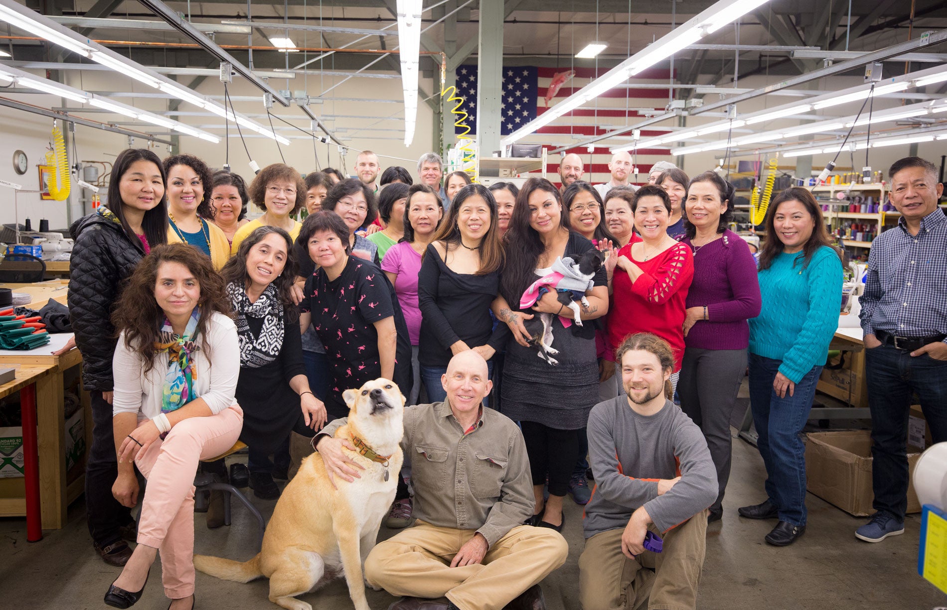 Group photo of the TOM BIHN crew in our Seattle factory