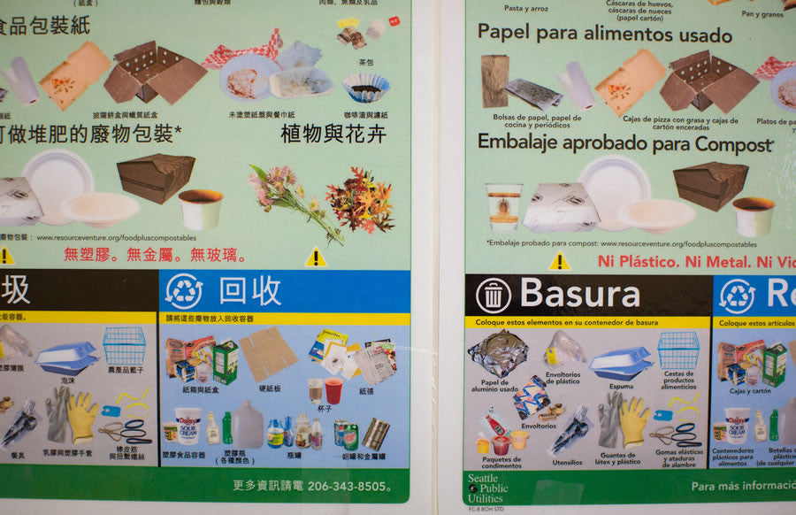 Informative posters about recycling, compost, and garbage in multiple languages.