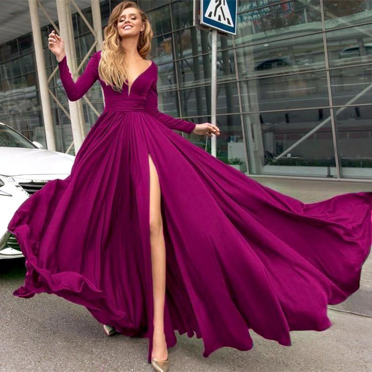 Long Sleeves Prom Dresses V Neck Chiffon Split Evening Gowns 2019 Alinanova 5007