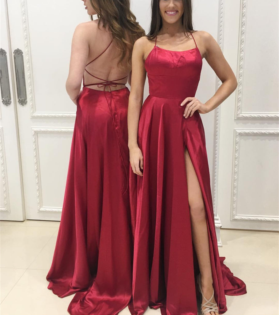 Long Satin Open Back Prom Dresses 2018 Leg Slit Evening Gowns Alinanova 0514