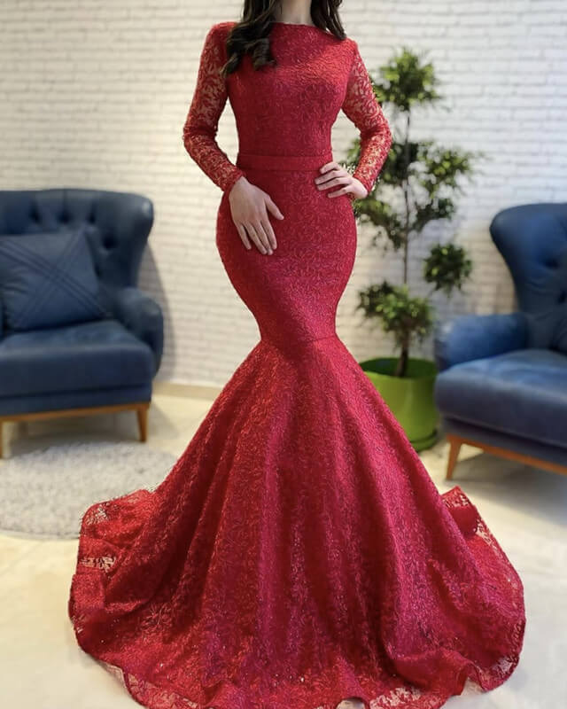 Modest Red Lace Prom Dress Mermaid Long Sleeve Alinanova 4895