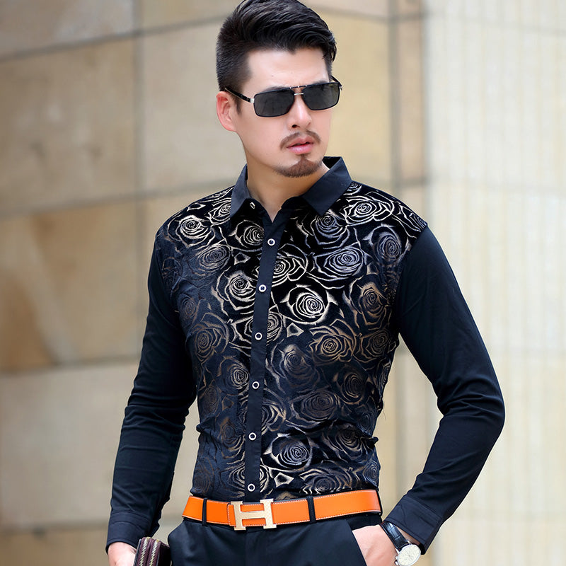 Dark Gold Floral Velvet Men Long Sleeves Shirt Fanfreakz 