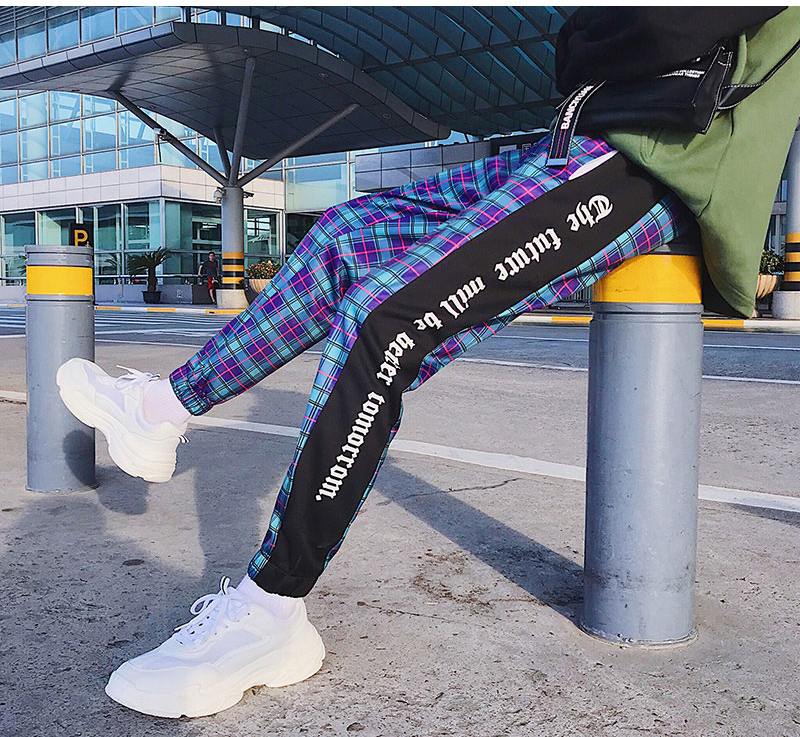 plaid joggers with stripe