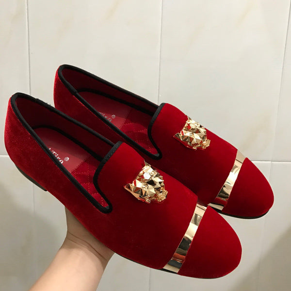 red and gold loafers