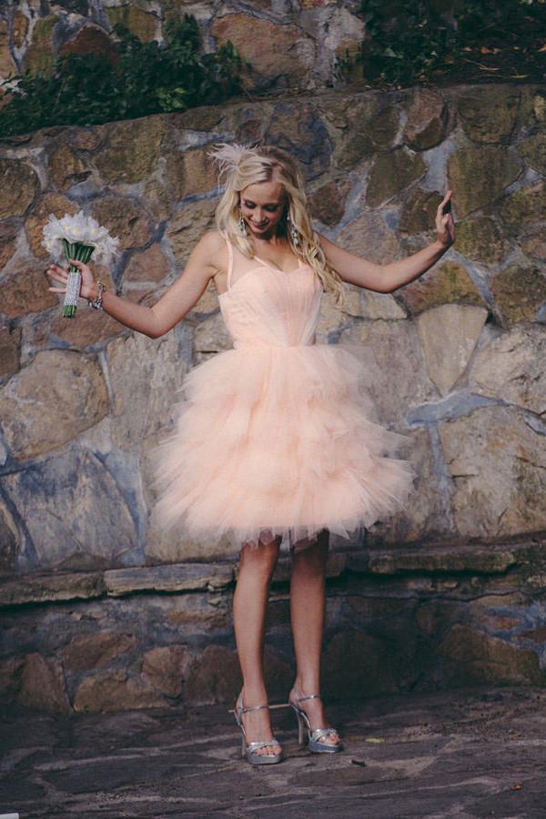 Knee Length Blush Colored Layered Tulle Short Ruffles Wedding Dresses Okdresses 