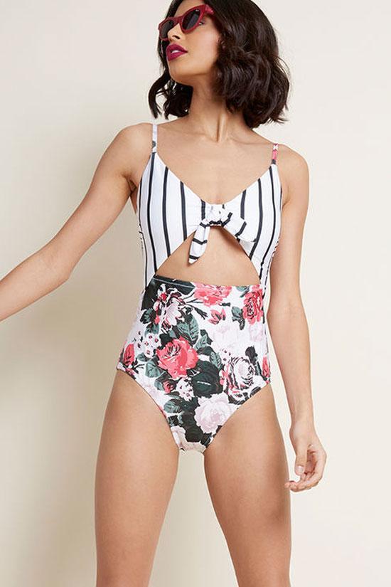 floral and stripe swimsuit