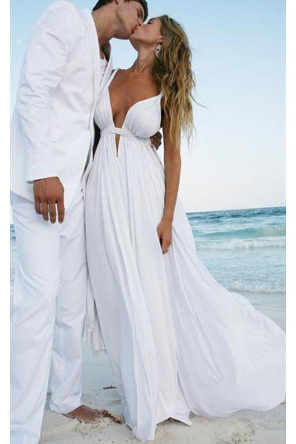 Sexy White Chiffon Deep Vneck Elegant Plus Size Beach Wedding Dresses