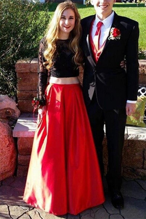 red and black lace prom dress