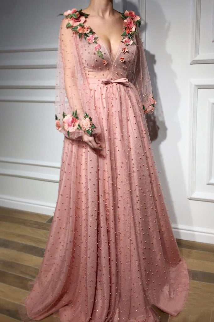 pink formal gowns with sleeves