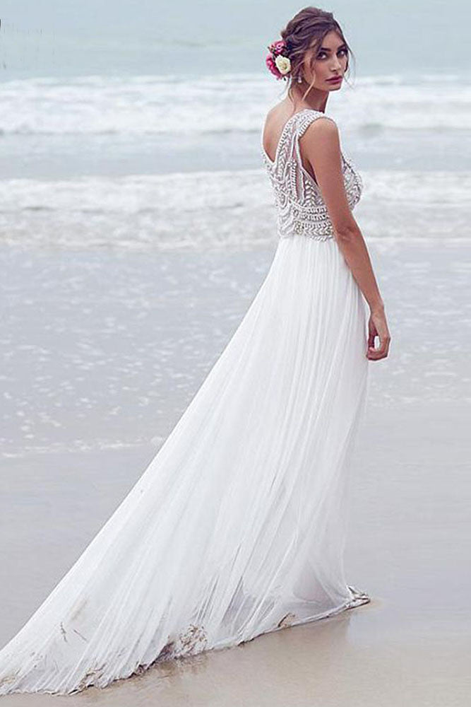 Fashion Chiffon Beading Long V Neck A Line Beach Coast Wedding Dress Pretty Bridal Gowns Ok265