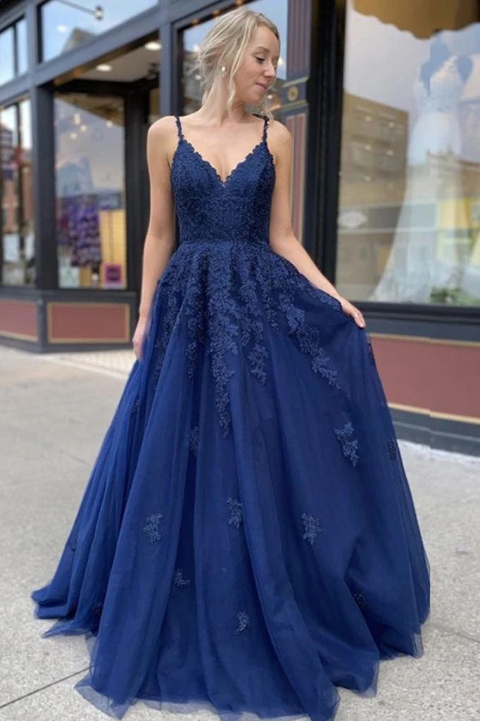 navy blue spaghetti strap prom dress