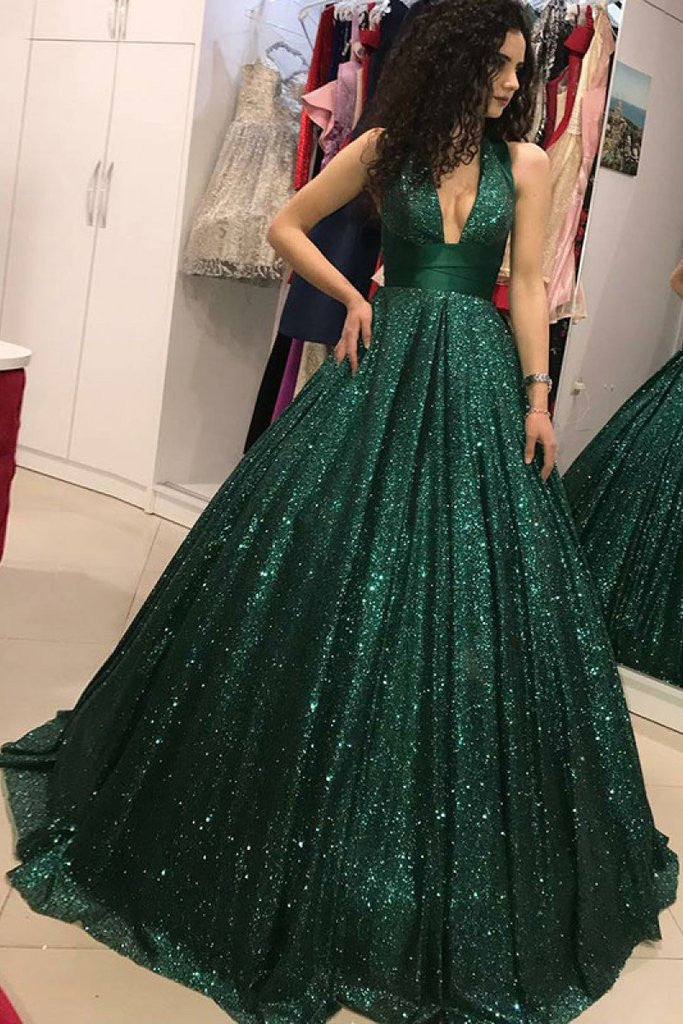 bottle green prom dress