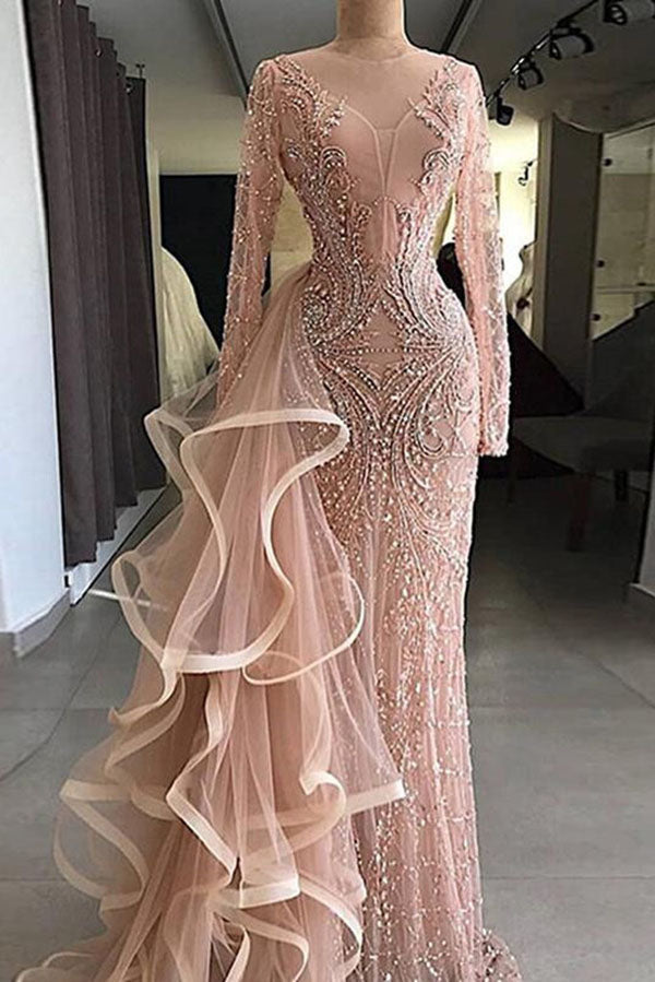 long sleeve beaded prom dress