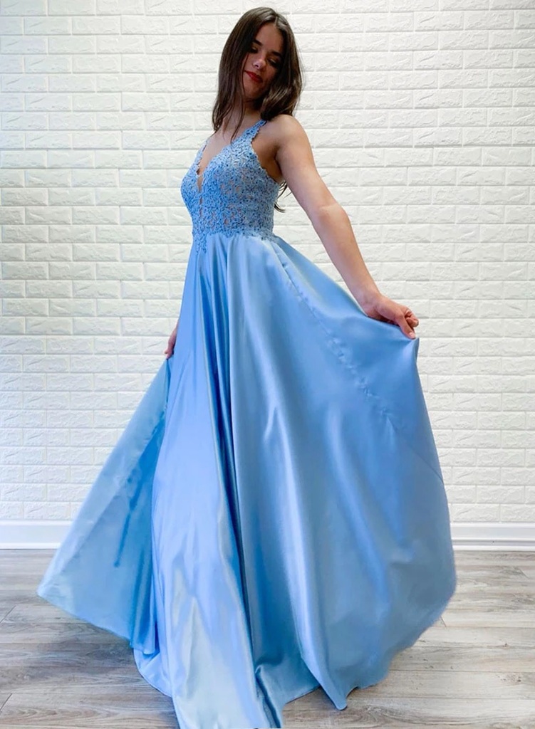 A Line V Neck Lace Appliques Long Satin Prom Dresses Blue Evening Part Okdresses 7502