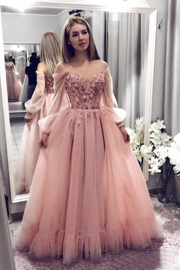 blush pink lace prom dress