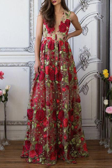 red floral embroidered dress