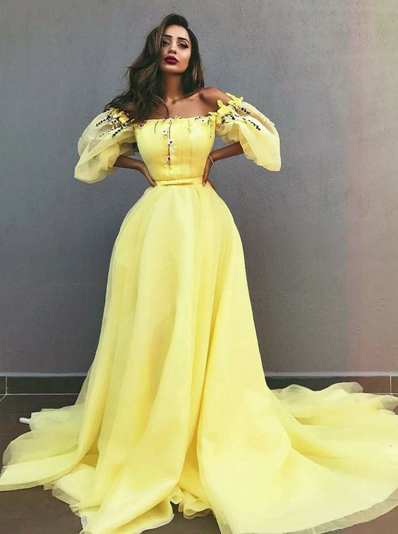 yellow tulle prom dress
