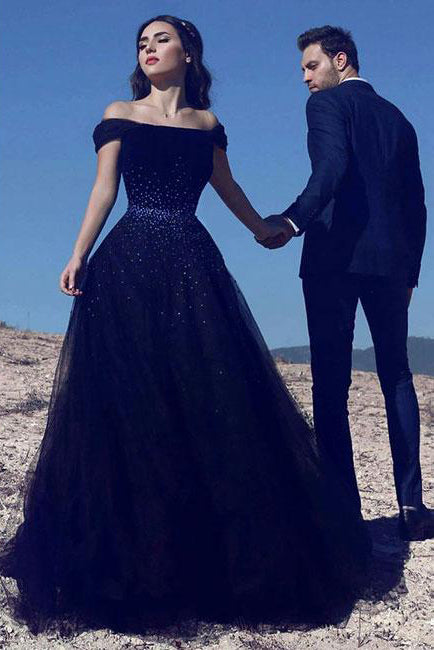 navy off shoulder prom dress