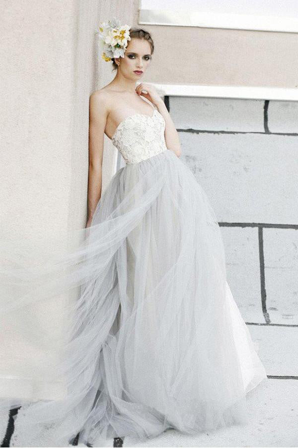 grey white wedding dress