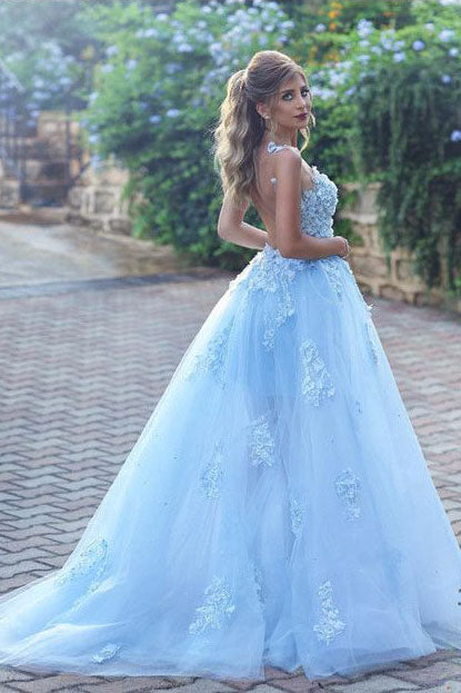 Light Blue Lace Appliques Ball Gown Prom Dress Princess Prom Dress Ok6 Okdresses