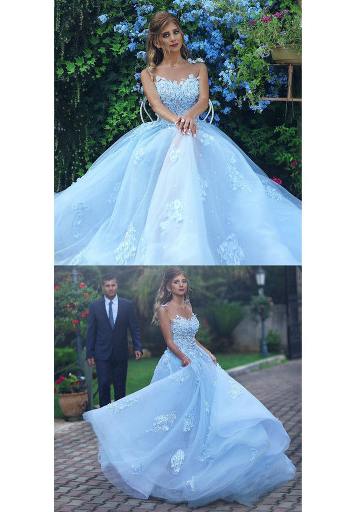 Light Blue Lace Appliques Ball Gown Prom Dress,Princess Wedding Dress