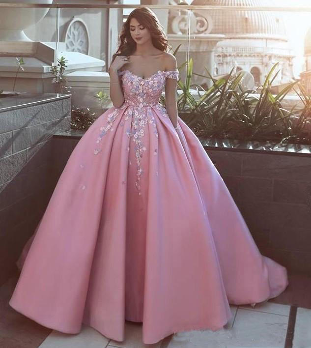 pink off shoulder prom dress