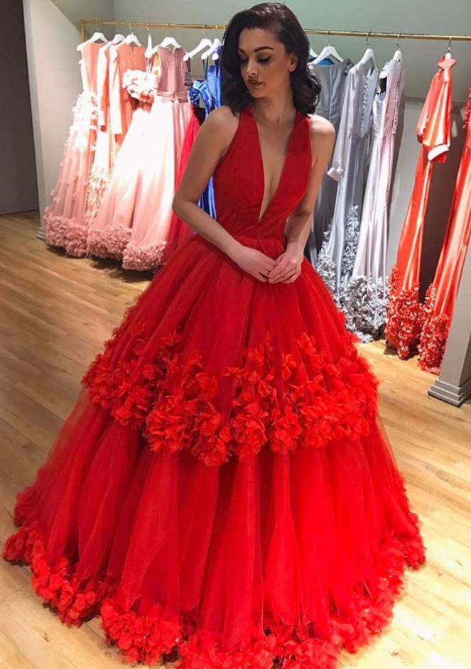 deep red ball gown