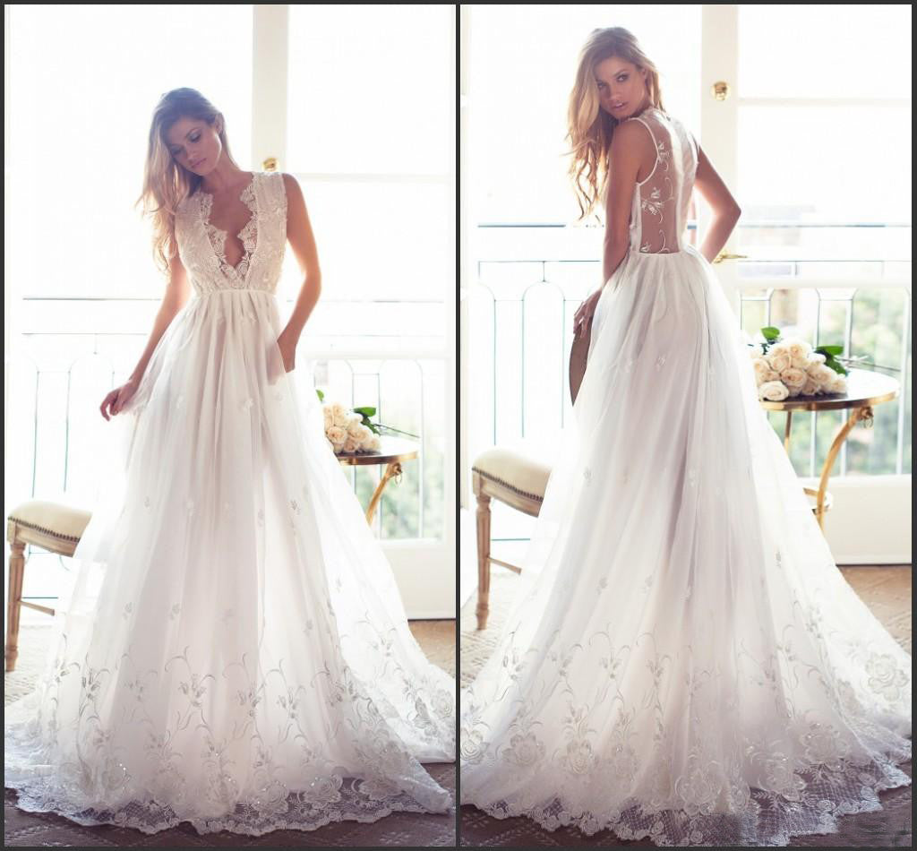 Modest A Line Chiffon V Neck Long Appliqued Wedding Dresses Custom Made Beach Wedding Dress Ok268