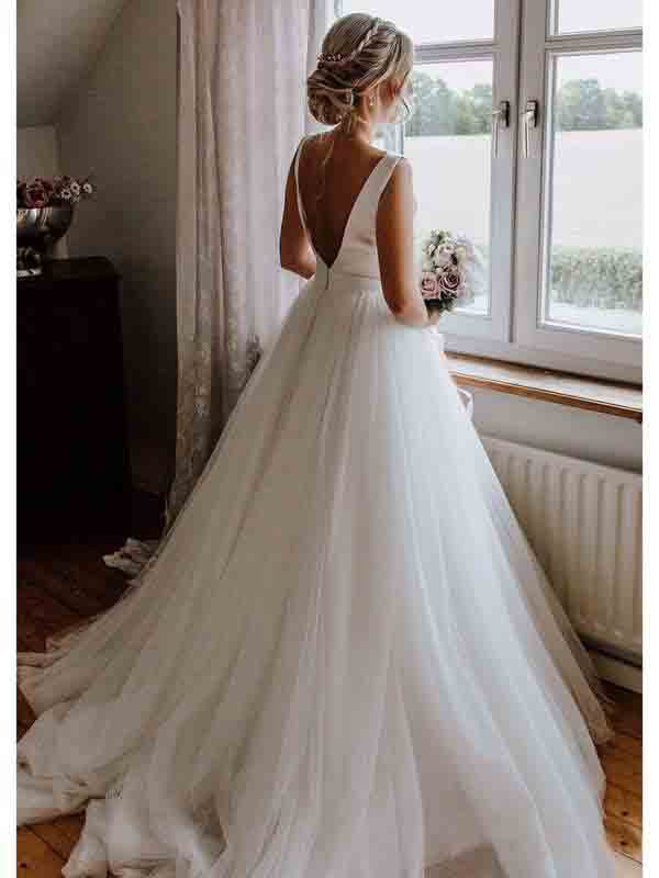 Simple Modest Wedding Gowns With Bownot Cheap Tulle Backless