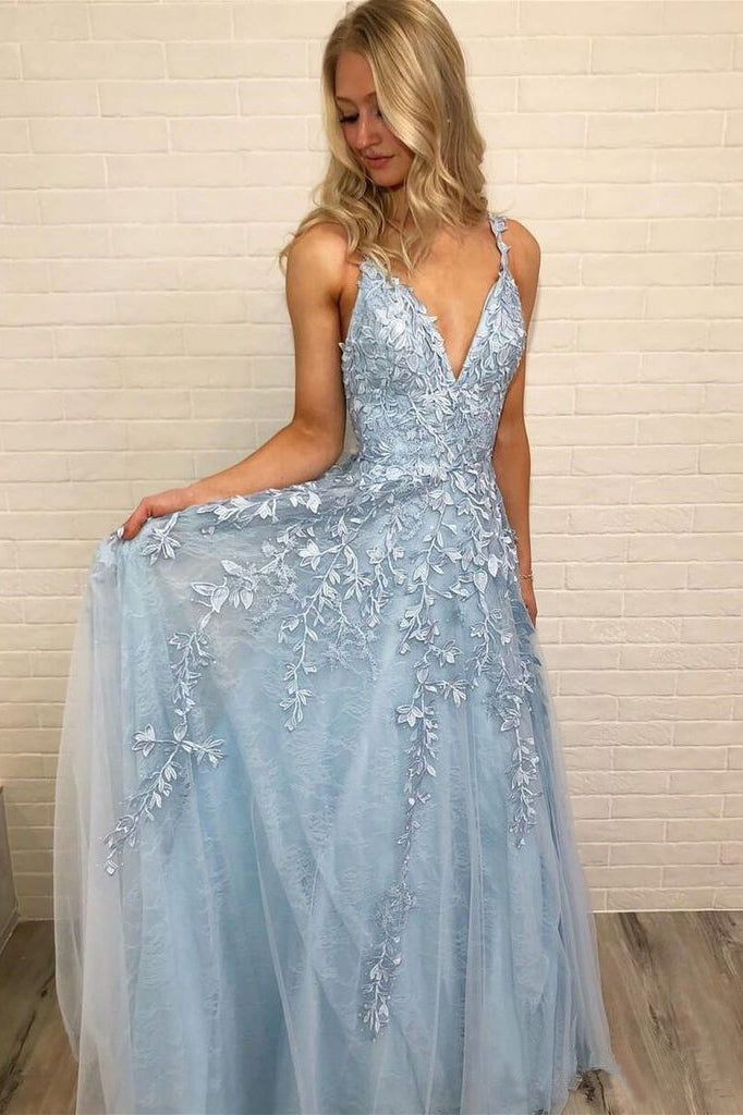 light blue v neck prom dress