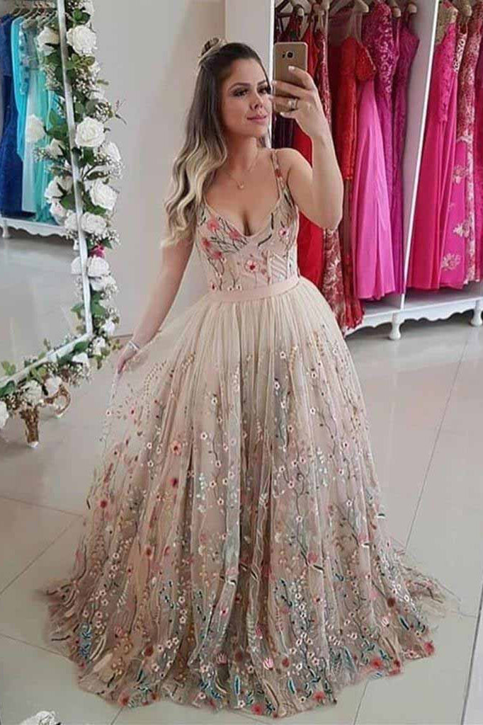 Spaghetti Strap A Line Floral Embroidery Prom Dresses Long Formal Party Dress Okh48 Okdresses