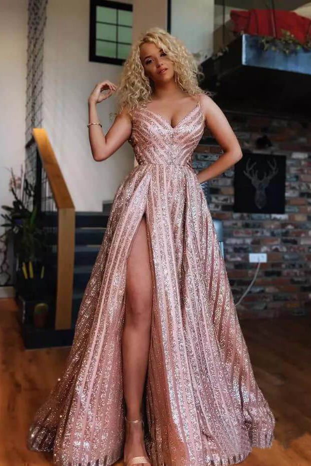 rose gold v neck dress