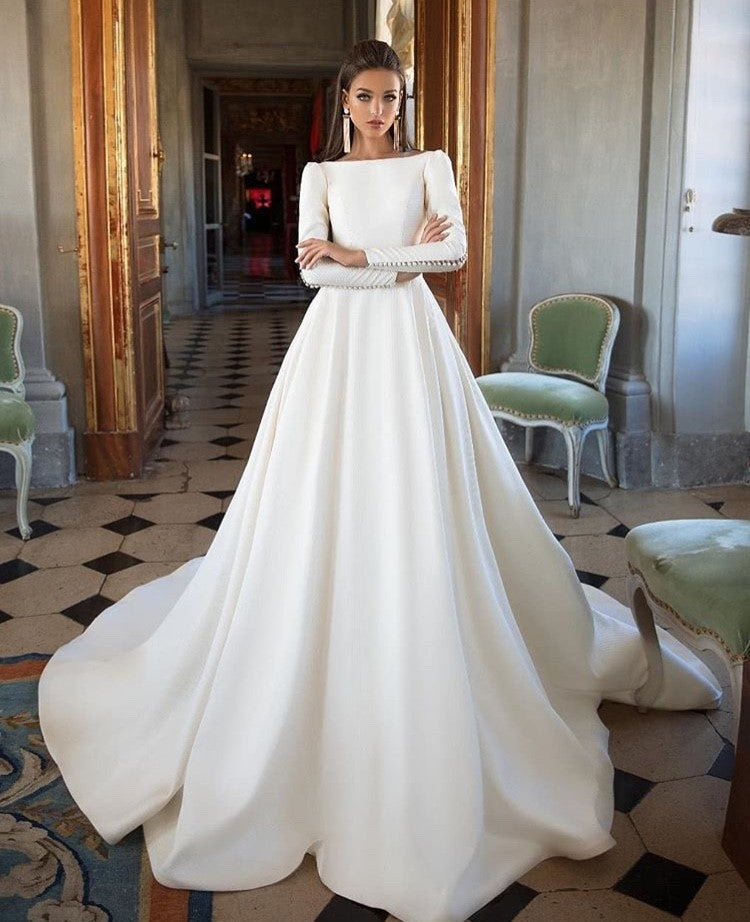 Simple Ivory Long Sleeves Satin A Line Wedding Dress Okg43 Okdresses 5972