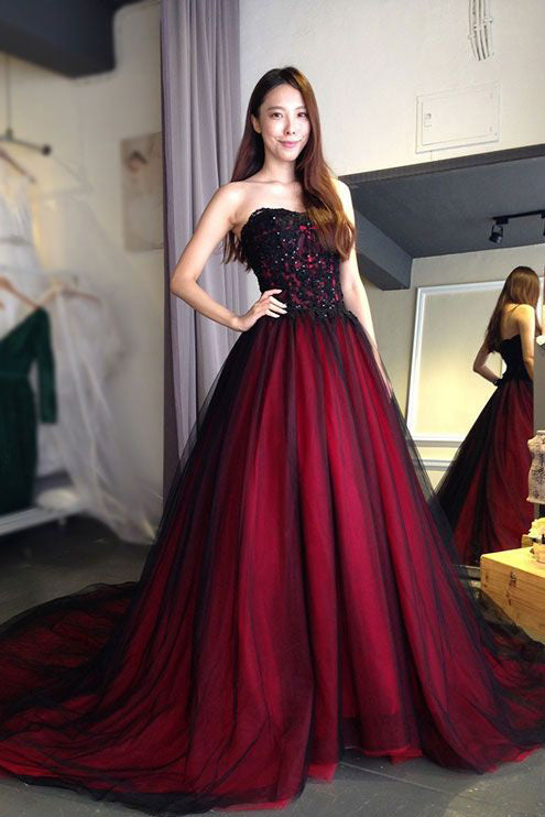 strapless maroon prom dress