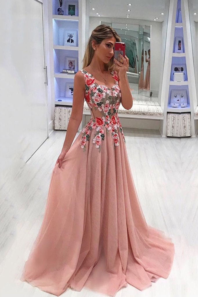 A Line Broad Straps Floral Appliqued Prom Dress, Cheap Long Tulle