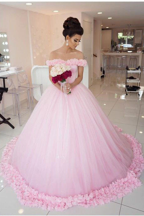 pink off shoulder ball gown