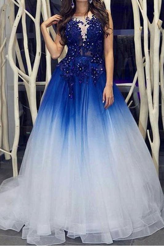 Elegant Royal Blue White Ombre Long Prom Dresses with Appliques for