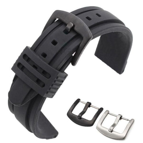 20mm 22mm 24mm Black Rubber Watch Strap with SIlver / Black Buckle
