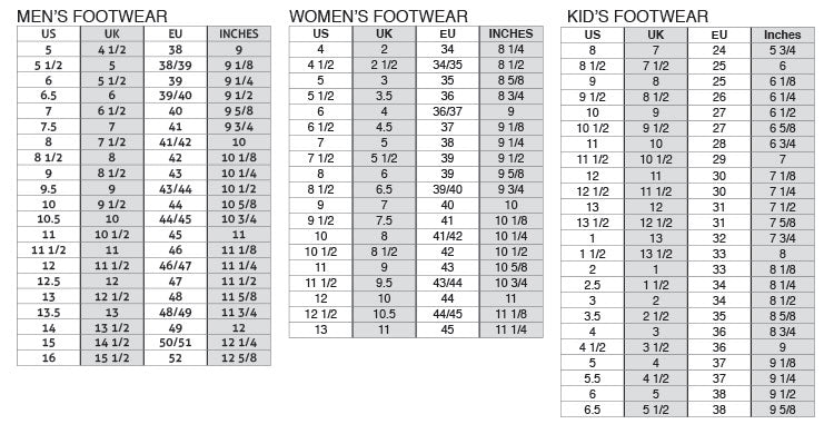 Diadora Footwear Sizing Chart